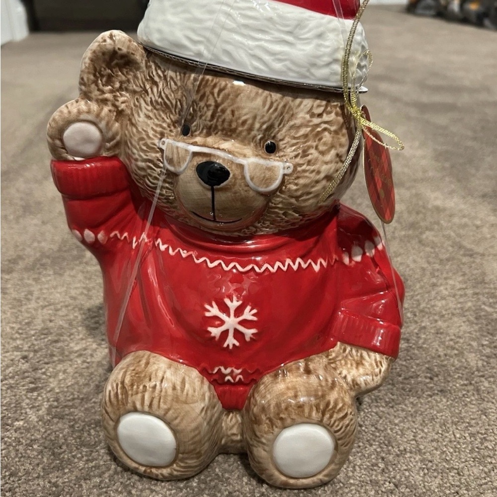 NEW Home for the Holidays Christmas Teddy Bear with Santa Hat Cookie Jar